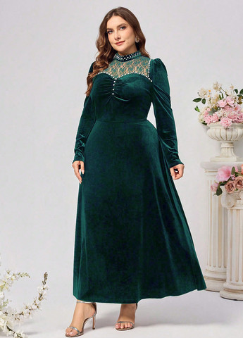 Темно-зеленое вечернее платье клеш, а-силуэт SHEIN однотонное