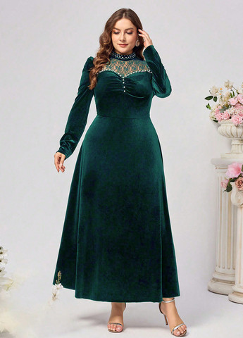 Темно-зеленое вечернее платье клеш, а-силуэт SHEIN однотонное