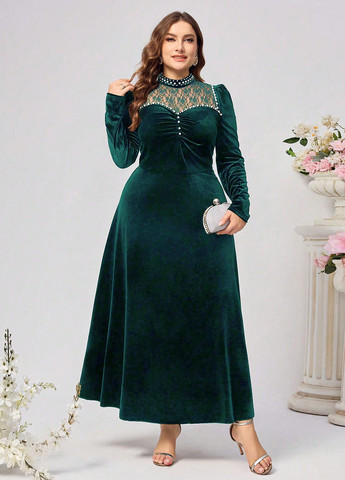 Темно-зеленое вечернее платье клеш, а-силуэт SHEIN однотонное