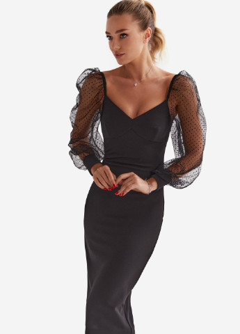 Чорна коктейльна чорна сукня з сітчастими рукавами Gepur однотонна