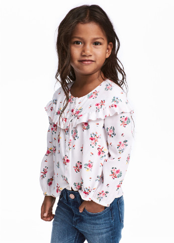 Белая цветочной расцветки блузка с длинным рукавом H&M летняя