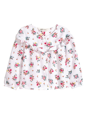 Белая цветочной расцветки блузка с длинным рукавом H&M летняя