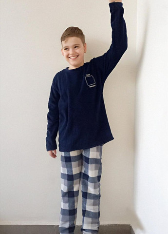Темно-синяя зимняя детская теплая пижама на мальчика из флиса Pijamoni