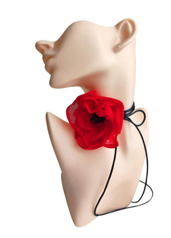 Чокер на шею цветок с розой на шнурке красного цвета, украшение на шею шифоновая роза Ksenija Vitali (261855921)