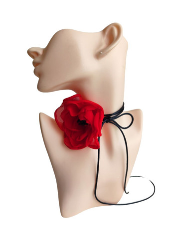 Чокер на шею цветок с розой на шнурке красного цвета, украшение на шею шифоновая роза Ksenija Vitali (261855921)