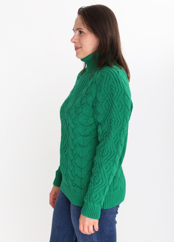 Зеленый зимний свитер женский зеленый теплый с горлом и косами Pulltonic Приталенная