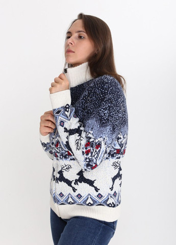 Молочный зимний свитер женский молочный на молнии новогодний принт Pulltonic Приталенная