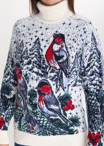 Молочный зимний свитер женский молочный с птицами зимний с горлом Pulltonic Приталенная