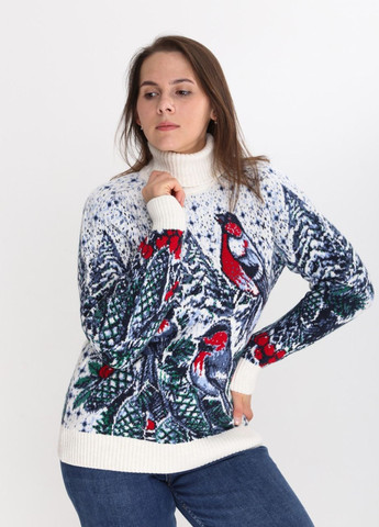 Молочный зимний свитер женский молочный с птицами зимний с горлом Pulltonic Приталенная