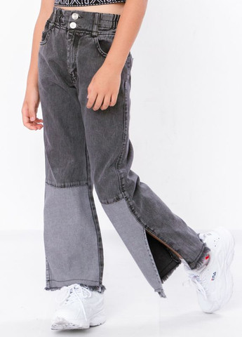 Синие демисезонные джинсы палаццо для девочки с разрезами на резинке серый (12202-v1) No Brand