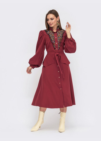 Бордова бордове плаття з об'ємними рукавами на знімною баскою Dressa