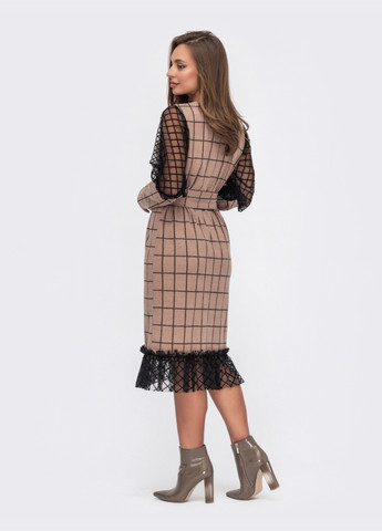 Бежевое бежевое платье в клетку с рукавами и воланом из фатина Dressa