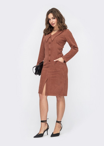 Коричневое коричневое платье с воротником и декоративными пуговицами Dressa