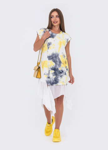 Молочное молочное платье с желтым принтом и ассиметричным низом Dressa