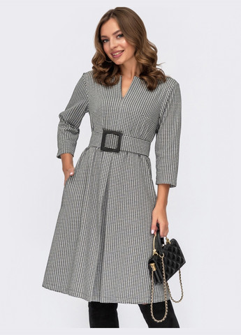 Темно-серое темно-серое платье-трапеция в клетку со встречной складкой Dressa