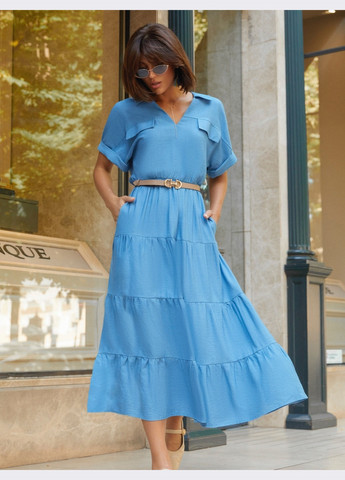 Голубое платье-макси из льна жатка голубого цвета Dressa