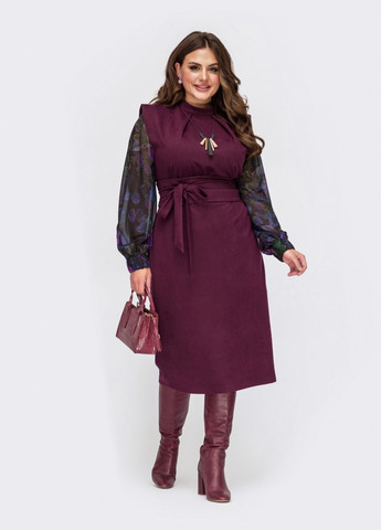 Бордовое комбинированное платье с шифоновыми рукавами и поясом бордовое Dressa