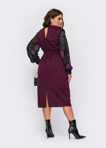 Бордова комбіноване плаття з шифоновими рукавами та поясом бордове Dressa