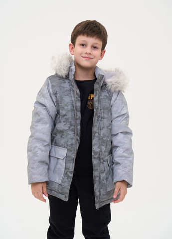 Серая зимняя теплая детская куртка с меховым капюшоном, серый камуфляж Yumster