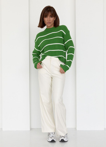 Зеленый демисезонный женский вязаный свитер оверсайз в полоску Lurex
