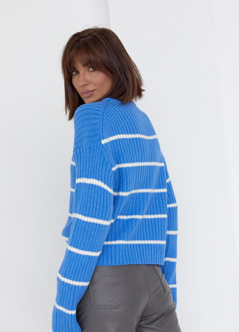 Синій демісезонний жіночий в'язаний светр оверсайз в смужку Lurex