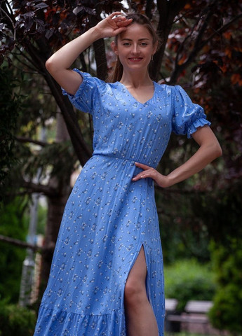 Голубое кэжуал платье а-силуэт FashionYouWant с цветочным принтом