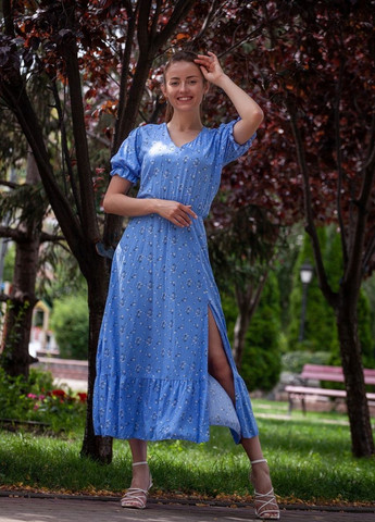 Голубое кэжуал платье а-силуэт FashionYouWant с цветочным принтом