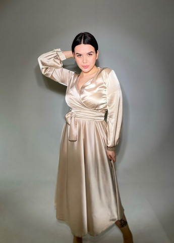 Бежева вечірня плаття а-силует, на запах, з спідницею-сонце JadFashion однотонна