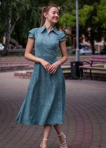Бирюзовое деловое платье на запах Modniysvit в горошек