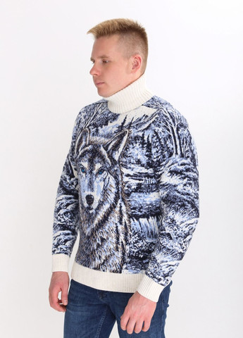 Белый зимний свитер мужской белый зимний принт с волком Pulltonic Прямой