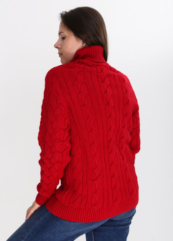 Красный зимний свитер женский красный теплый с горлом и косами Pulltonic Прямая