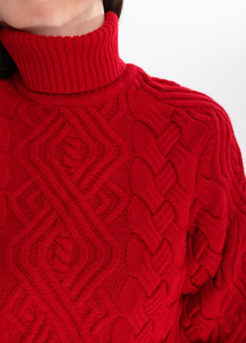 Красный зимний свитер женский красный теплый с горлом и косами Pulltonic Прямая