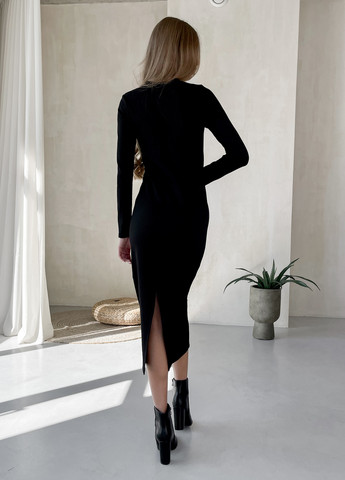 Чорна повсякденний тепла довга сукня в рубчик на флісі чорна шамбері 700001061 сукня-худі, оверсайз, а-силует, сукня-водолазка, футляр, кльош, дзвін, сукня-світшот, поло, сукня светр Merlini однотонна