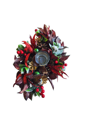 Рождественский декор на стол. Подсвечник со стеклянной колбой с декором из шишек и ягод бордового цвета Ksenija Vitali (263063890)