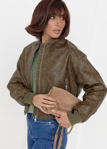 Оливковая (хаки) демисезонная женская куртка-бомбер в винтажном стиле Lurex