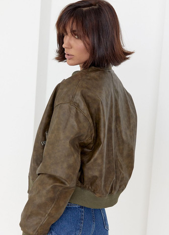 Оливковая (хаки) демисезонная женская куртка-бомбер в винтажном стиле Lurex