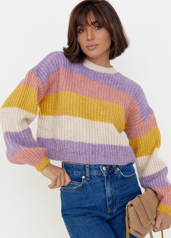 Желтый демисезонный укороченный вязаный свитер в цветную полоску Lurex