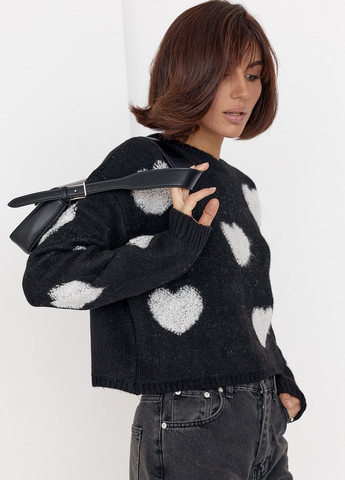 Черный демисезонный женский вязаный свитер oversize с сердечками Lurex