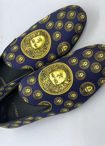 Праздничные темно-синие мужские итальянские туфли Versace без шнурков
