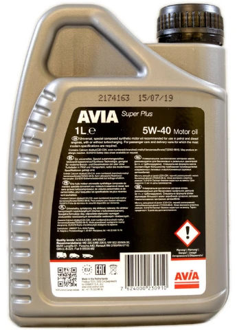 Масло 5w40 1л Super Plus, API SN/CF 20х13х5,5 см Avia (263427127)