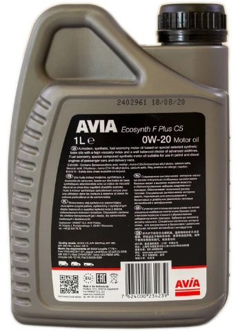 Масло 0w20 1л Ecosynth F Plus C5, API SN/SN Plus 6х18х14 см Avia (263424117)