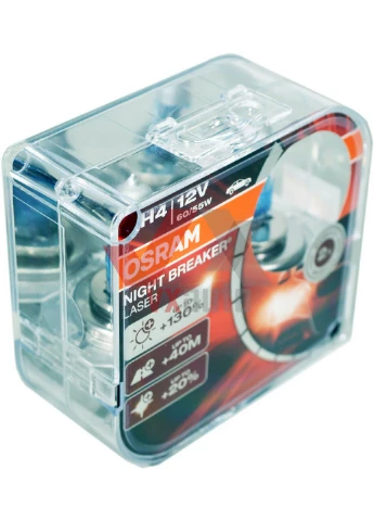 Галогенная лампа H4 12V 60/55W P43T +130% Night Breaker Laser, (2 шт.) 5х10,5х11 см Osram (263427043)