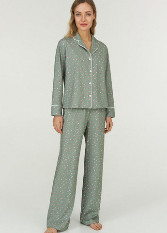 Фисташковая всесезон хлопковая пижама с брюками рубашка + брюки Ellen LPK 5580/04/01 green
