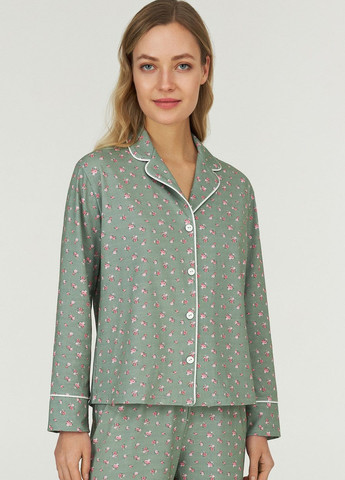 Фисташковая всесезон хлопковая пижама с брюками рубашка + брюки Ellen LPK 5580/04/01 green
