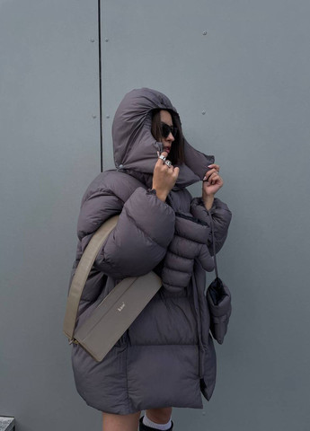 Серая зимняя женская зимняя куртка удлиненная с варежками ZF inspire