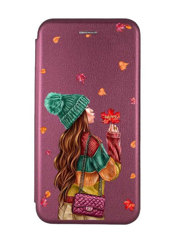 Чохол-книжка з малюнком для Apple iPhone XR Бордовий :: Дівчина з листям (принт 221) Creative (263698675)