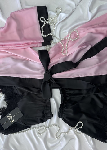 Розовая всесезон шелковый домашний комплект шортики+топ+халат шелк с кружевом (тройка) Ghazel