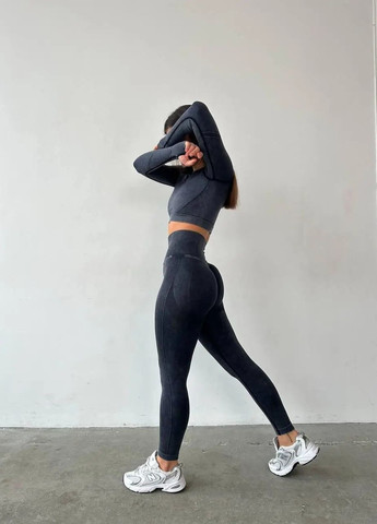 Женский безшовный фитнес костюм лосины с пуш-ап + рашгард Костюм для фитнеса push-up черный Fashion (264031429)