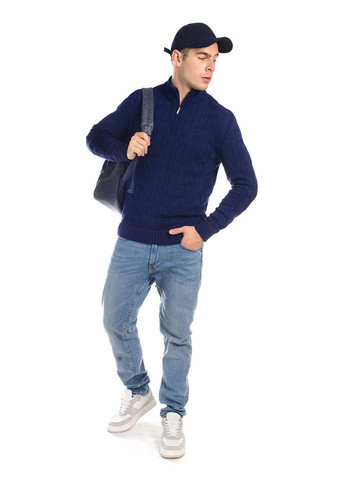 Темно-синий демисезонный мужской свитер с узором и воротником на змейке SVTR