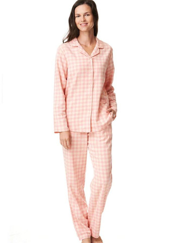 Персиковая зимняя фланелевая теплая женская пижама в клетку lns 442 b22 рубашка + брюки Key